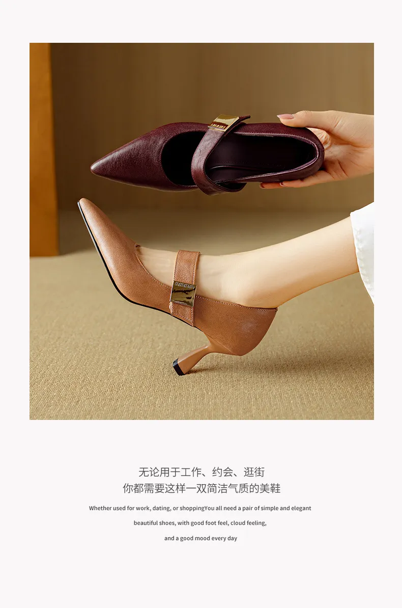 Autumn stiletto heeled pointed-toe low-cut sheepskin French Mary Jane shoes