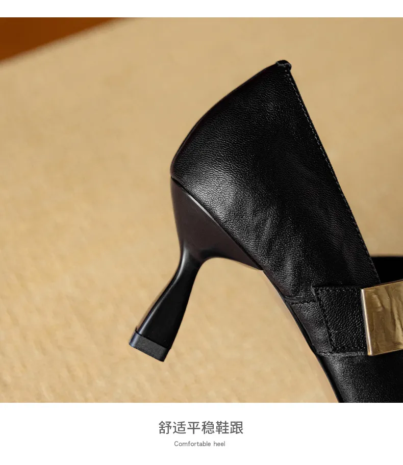 Autumn stiletto heeled pointed-toe low-cut sheepskin French Mary Jane shoes