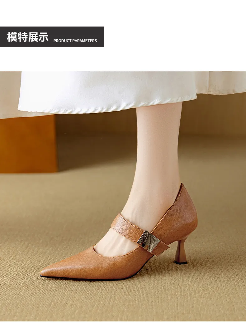 Autumn stiletto heeled pointed-toe low-cut sheepskin French Mary Jane shoes