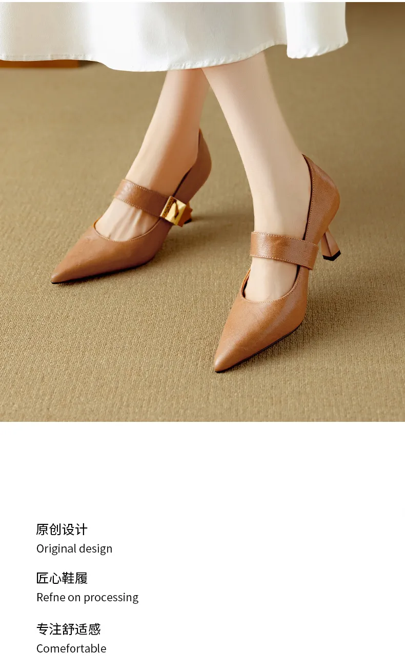 Autumn stiletto heeled pointed-toe low-cut sheepskin French Mary Jane shoes