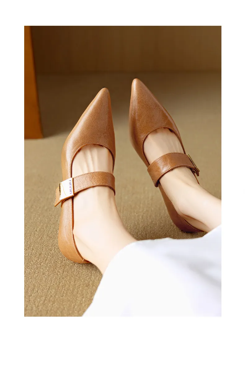 Autumn stiletto heeled pointed-toe low-cut sheepskin French Mary Jane shoes