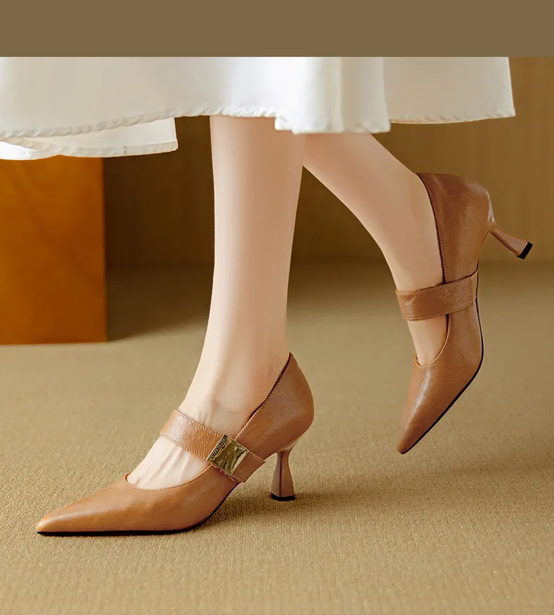Autumn stiletto heeled pointed-toe low-cut sheepskin French Mary Jane shoes