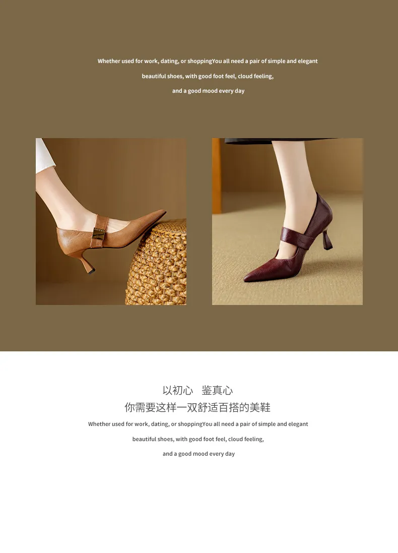 Autumn stiletto heeled pointed-toe low-cut sheepskin French Mary Jane shoes