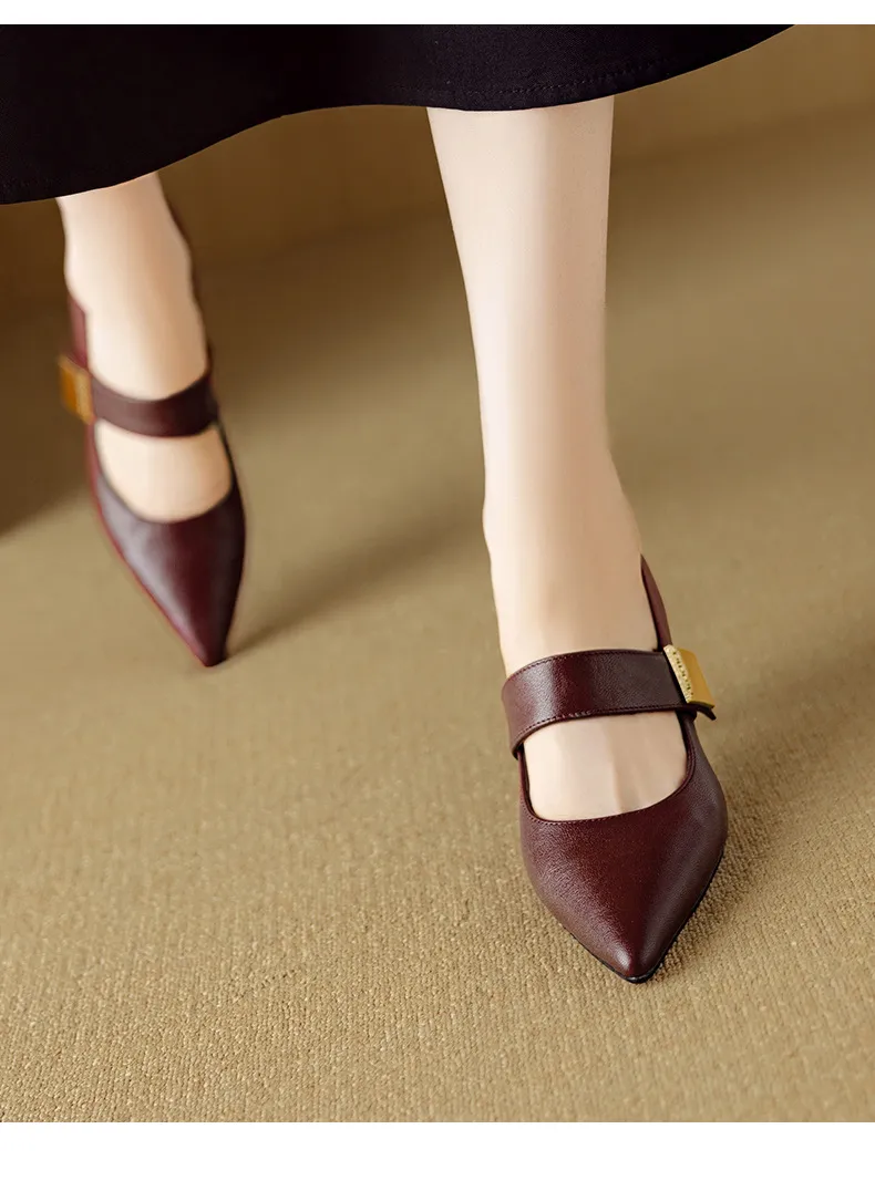 Autumn stiletto heeled pointed-toe low-cut sheepskin French Mary Jane shoes