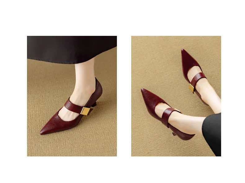 Autumn stiletto heeled pointed-toe low-cut sheepskin French Mary Jane shoes
