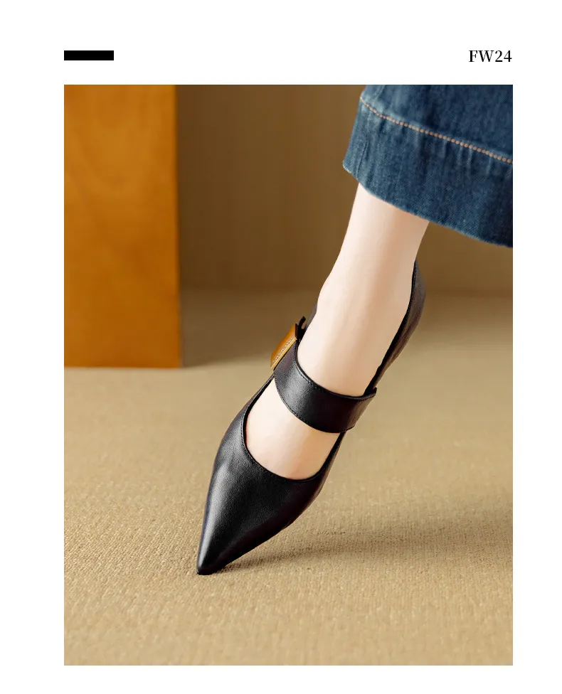 Autumn stiletto heeled pointed-toe low-cut sheepskin French Mary Jane shoes