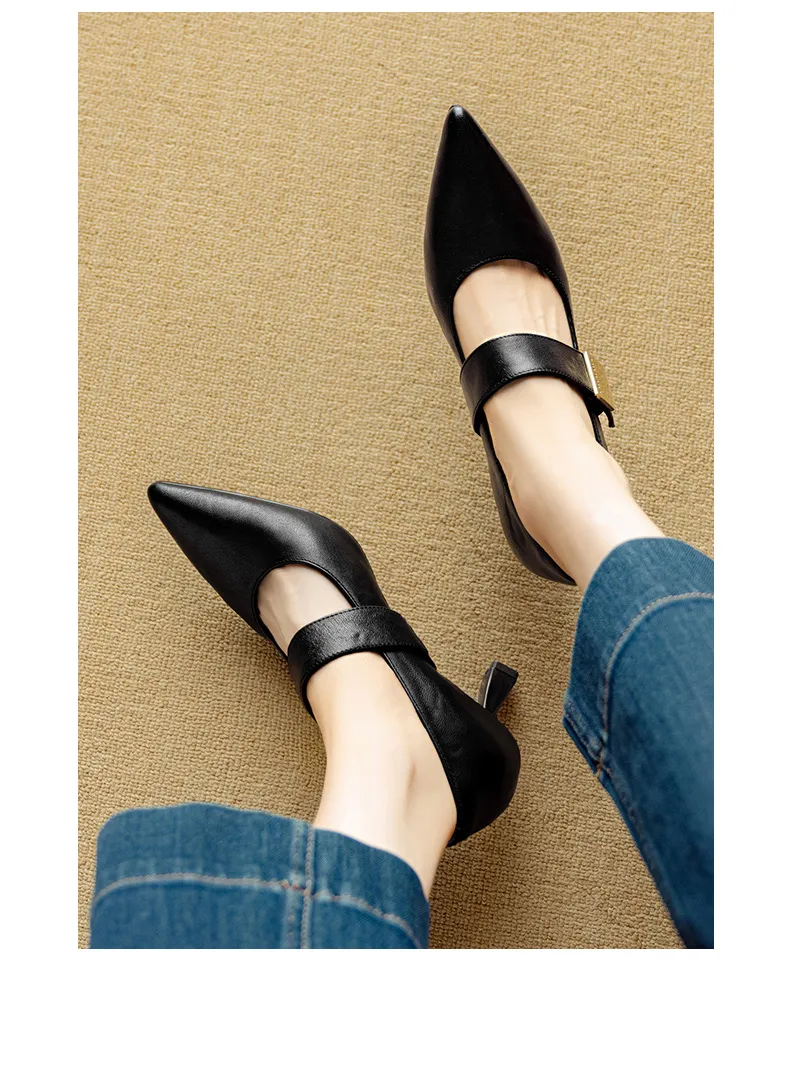 Autumn stiletto heeled pointed-toe low-cut sheepskin French Mary Jane shoes