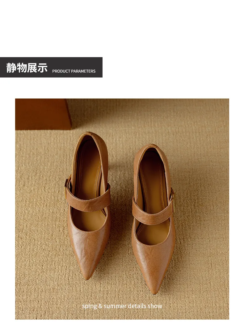 Autumn stiletto heeled pointed-toe low-cut sheepskin French Mary Jane shoes