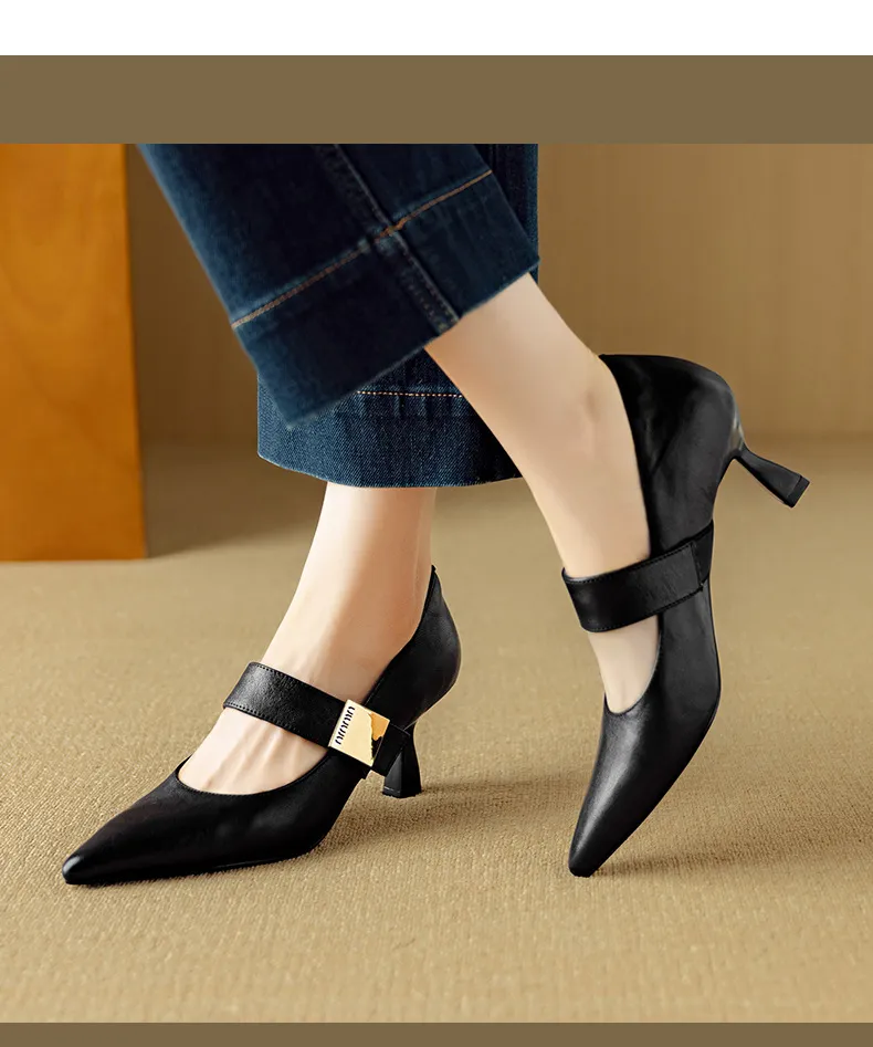 Autumn stiletto heeled pointed-toe low-cut sheepskin French Mary Jane shoes