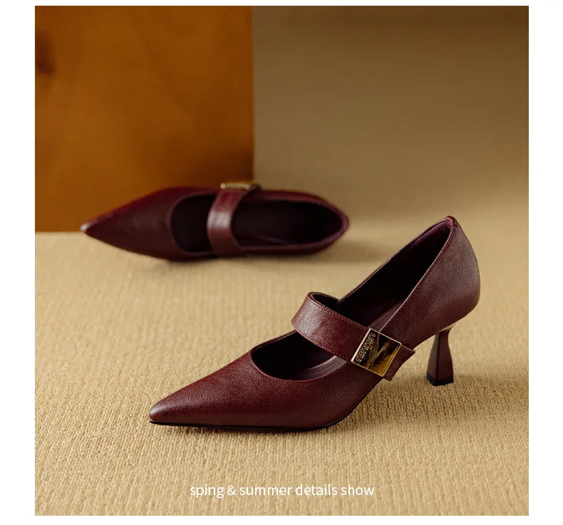 Autumn stiletto heeled pointed-toe low-cut sheepskin French Mary Jane shoes