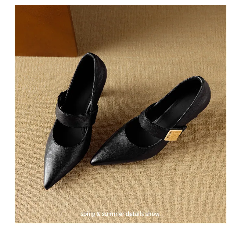 Autumn stiletto heeled pointed-toe low-cut sheepskin French Mary Jane shoes