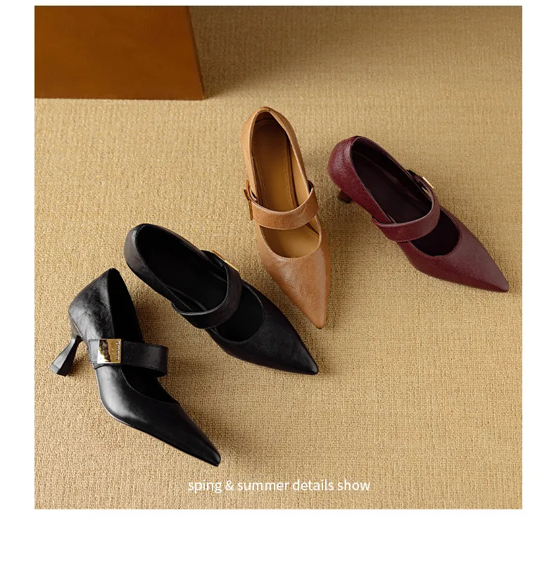 Autumn stiletto heeled pointed-toe low-cut sheepskin French Mary Jane shoes