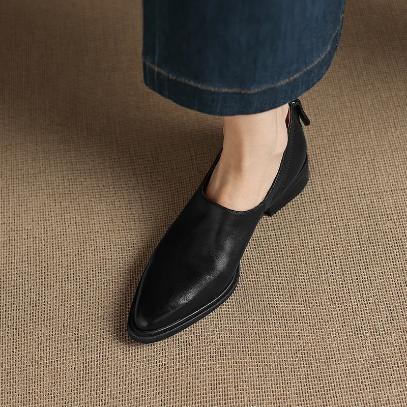Autumn deep-cut pointed-toe chunky heel high-heeled cowhide women's shoes with back zipper