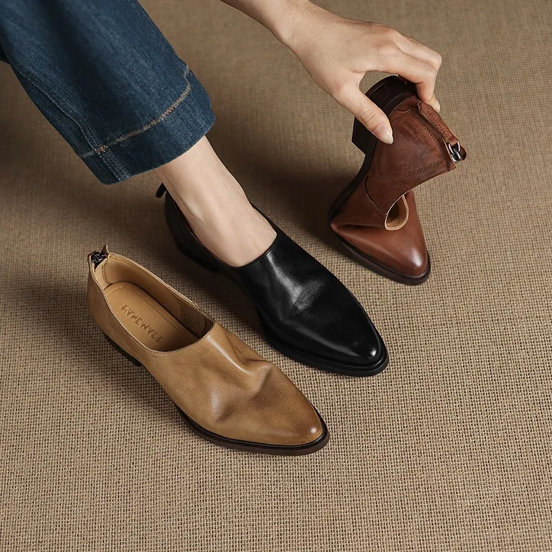 Autumn deep-cut pointed-toe chunky heel high-heeled cowhide women's shoes with back zipper