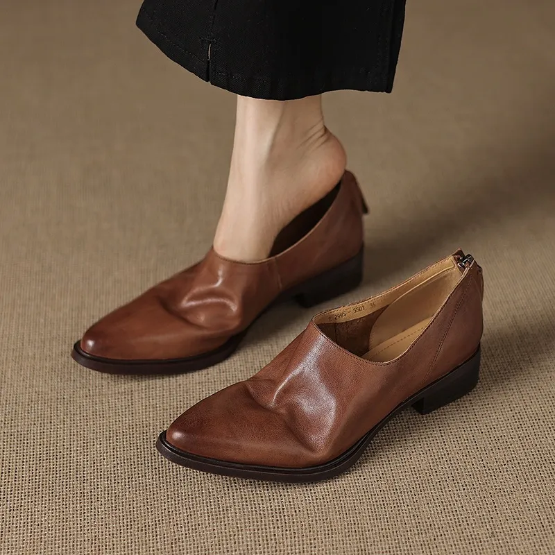 Autumn deep-cut pointed-toe chunky heel high-heeled cowhide women's shoes with back zipper