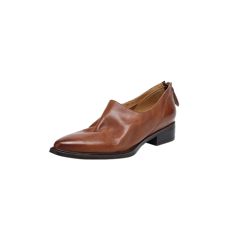 Autumn deep-cut pointed-toe chunky heel high-heeled cowhide women's shoes with back zipper