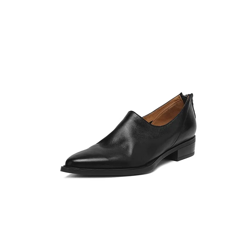 Autumn deep-cut pointed-toe chunky heel high-heeled cowhide women's shoes with back zipper