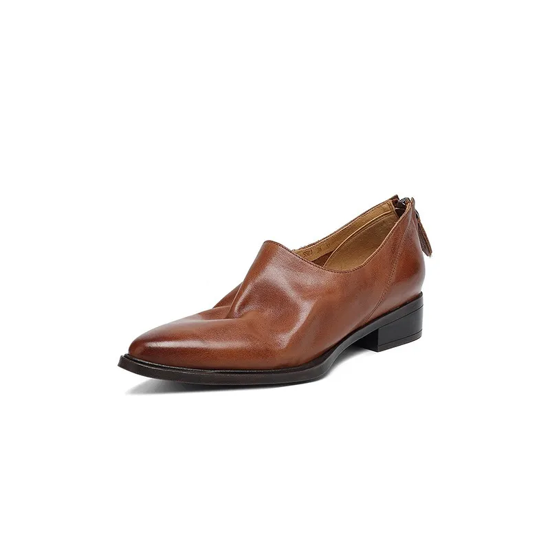 Autumn deep-cut pointed-toe chunky heel high-heeled cowhide women's shoes with back zipper