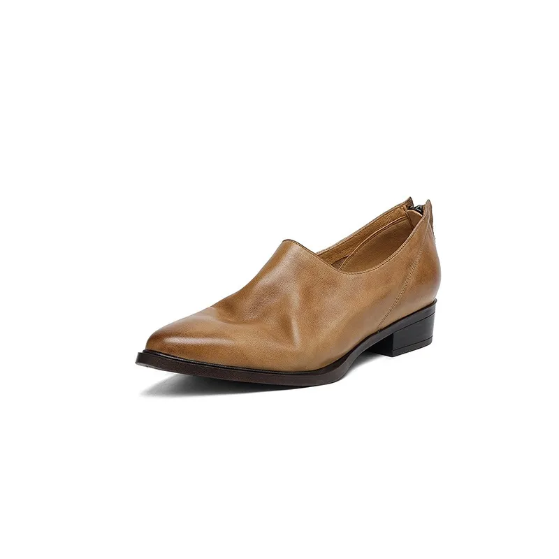 Autumn deep-cut pointed-toe chunky heel high-heeled cowhide women's shoes with back zipper