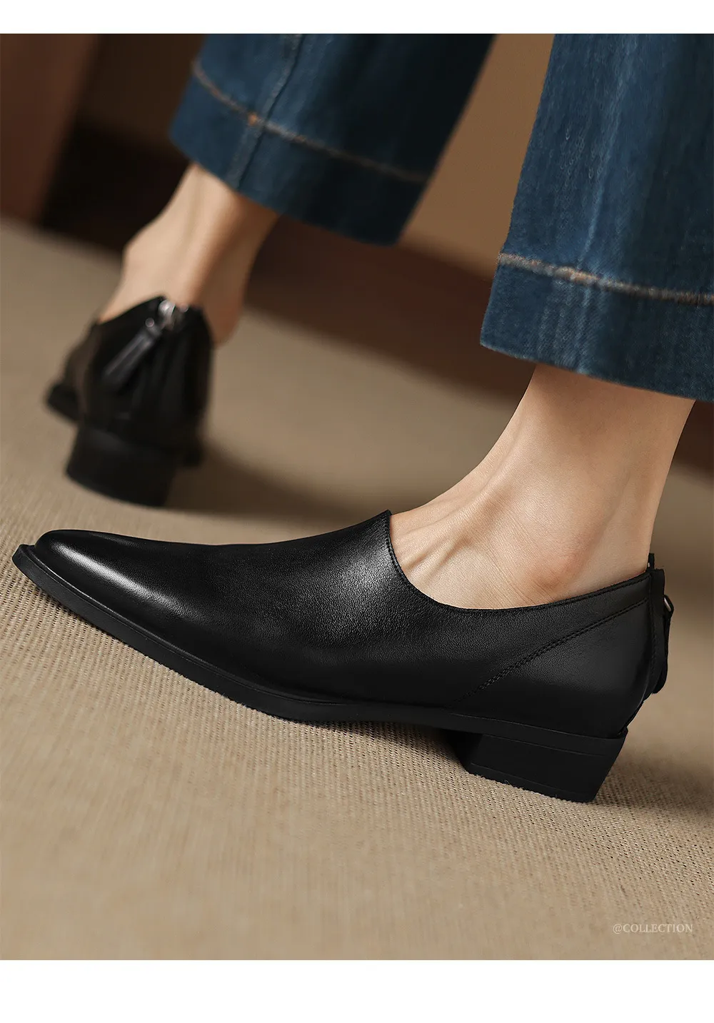Autumn deep-cut pointed-toe chunky heel high-heeled cowhide women's shoes with back zipper