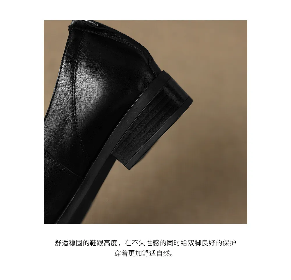 Autumn deep-cut pointed-toe chunky heel high-heeled cowhide women's shoes with back zipper