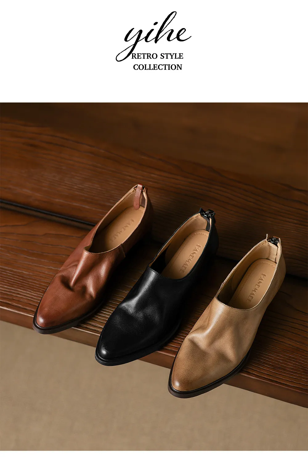 Autumn deep-cut pointed-toe chunky heel high-heeled cowhide women's shoes with back zipper