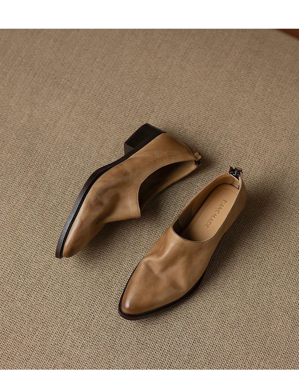 Autumn deep-cut pointed-toe chunky heel high-heeled cowhide women's shoes with back zipper