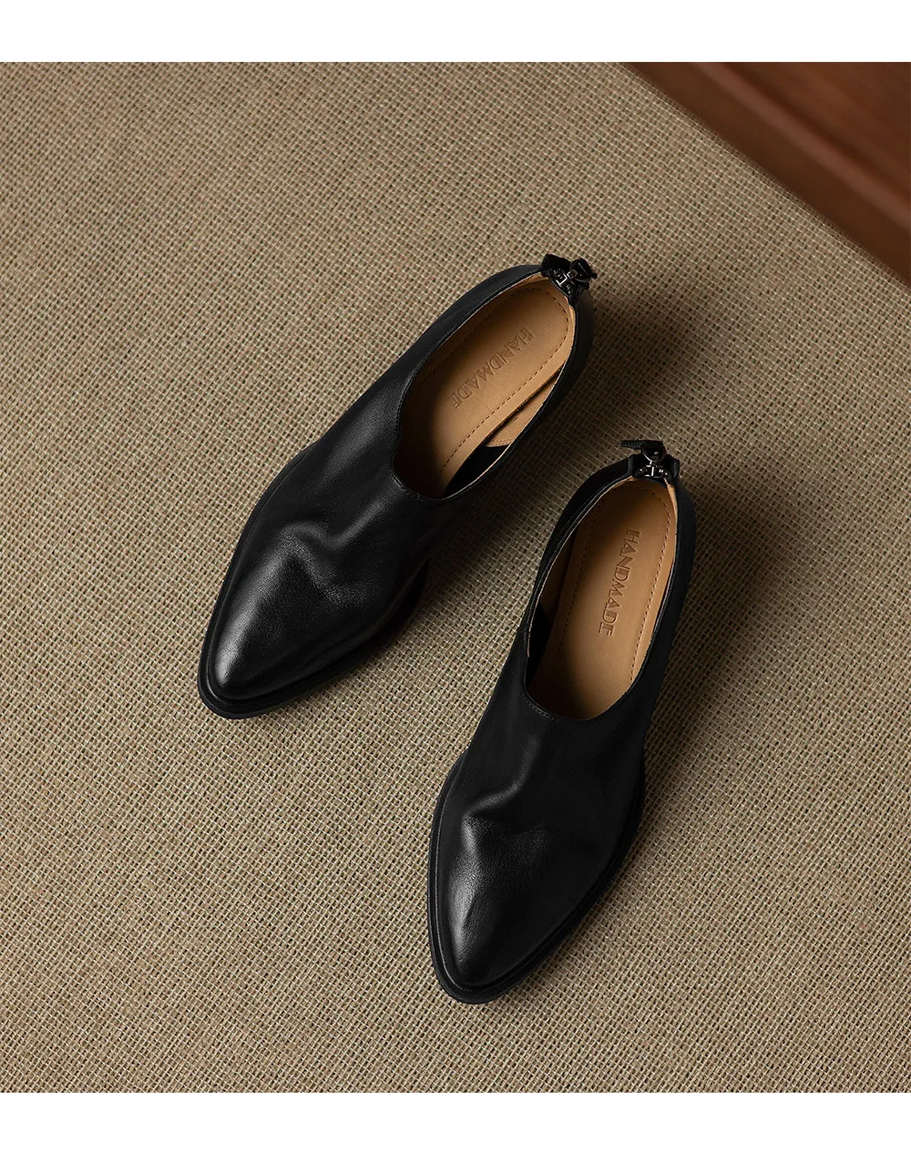 Autumn deep-cut pointed-toe chunky heel high-heeled cowhide women's shoes with back zipper