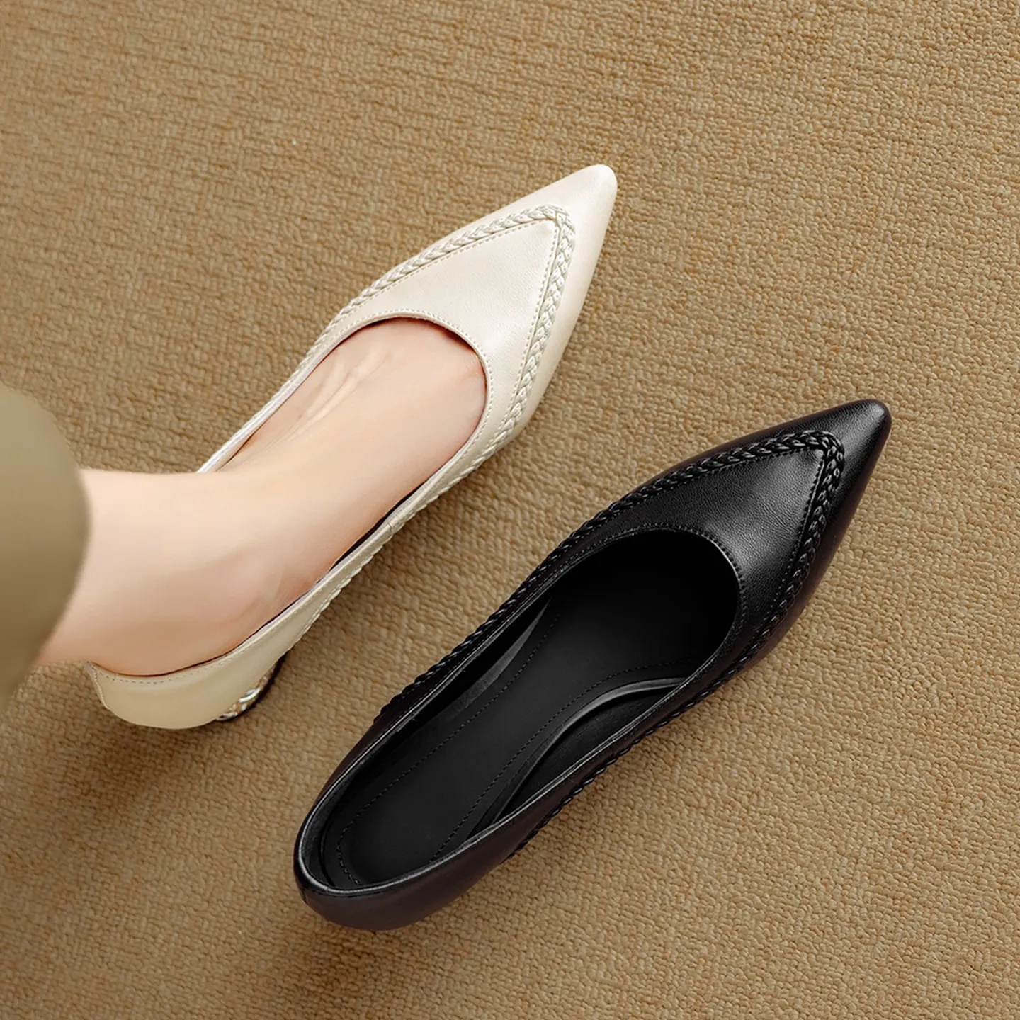 Autumn low-cut pointed toe rhinestone chunky heel French woven fashion women's shoes