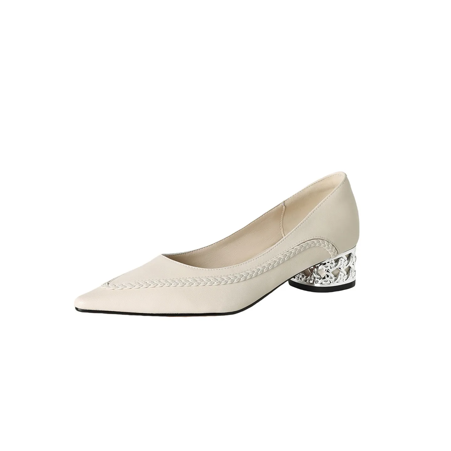 Autumn low-cut pointed toe rhinestone chunky heel French woven fashion women's shoes