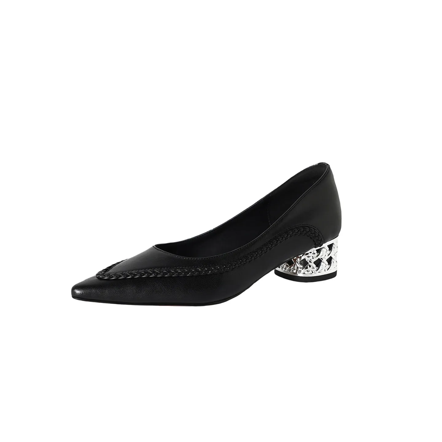 Autumn low-cut pointed toe rhinestone chunky heel French woven fashion women's shoes