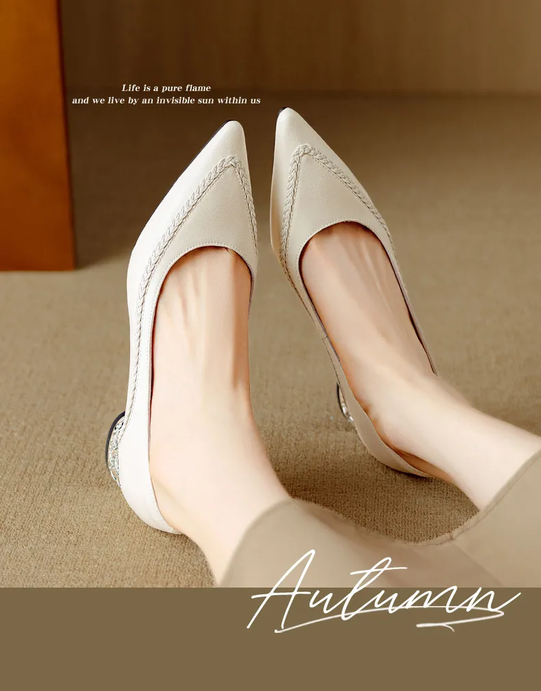 Autumn low-cut pointed toe rhinestone chunky heel French woven fashion women's shoes