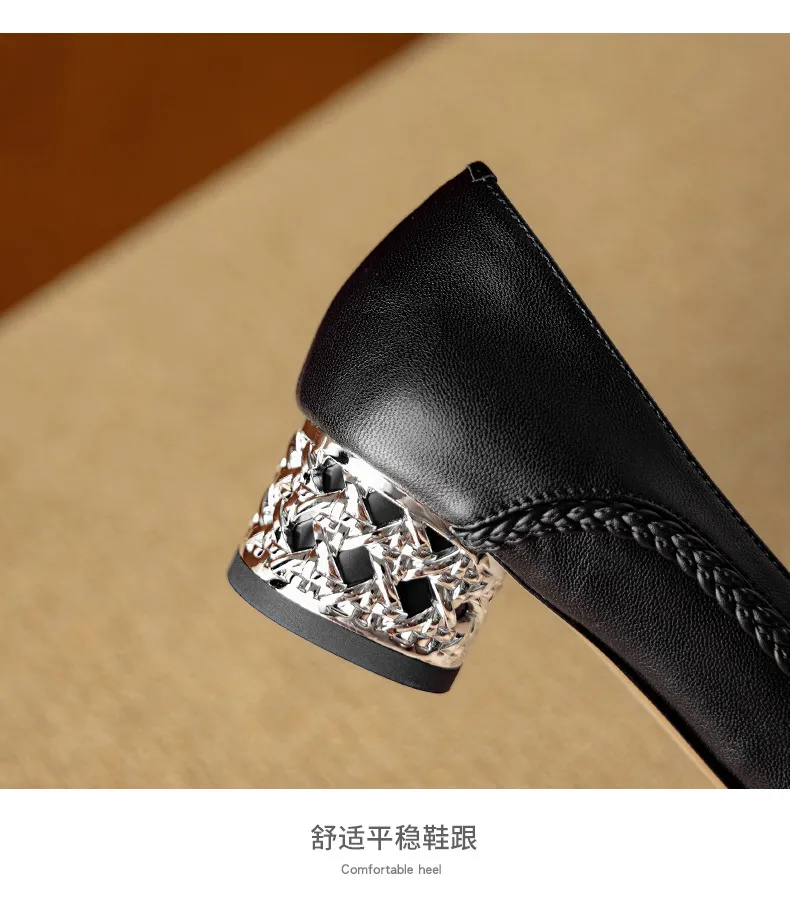 Autumn low-cut pointed toe rhinestone chunky heel French woven fashion women's shoes
