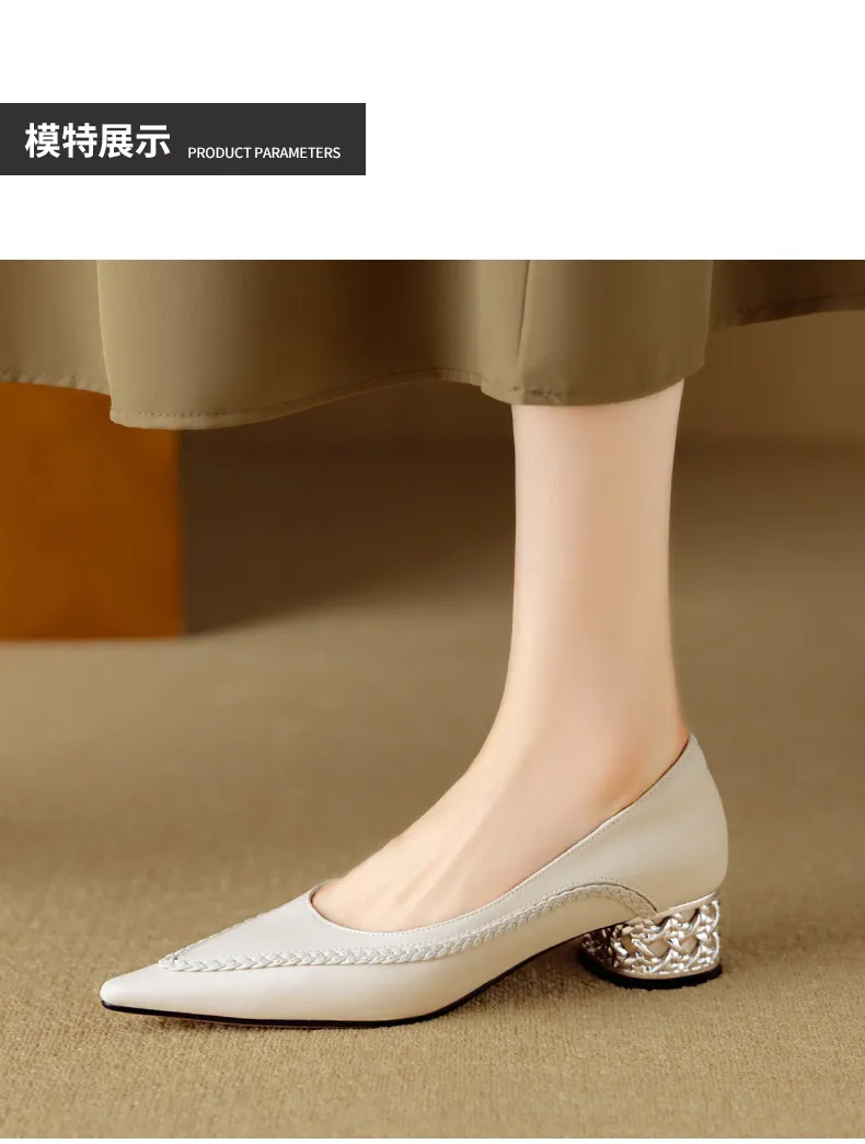 Autumn low-cut pointed toe rhinestone chunky heel French woven fashion women's shoes