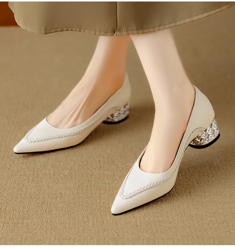 Autumn low-cut pointed toe rhinestone chunky heel French woven fashion women's shoes