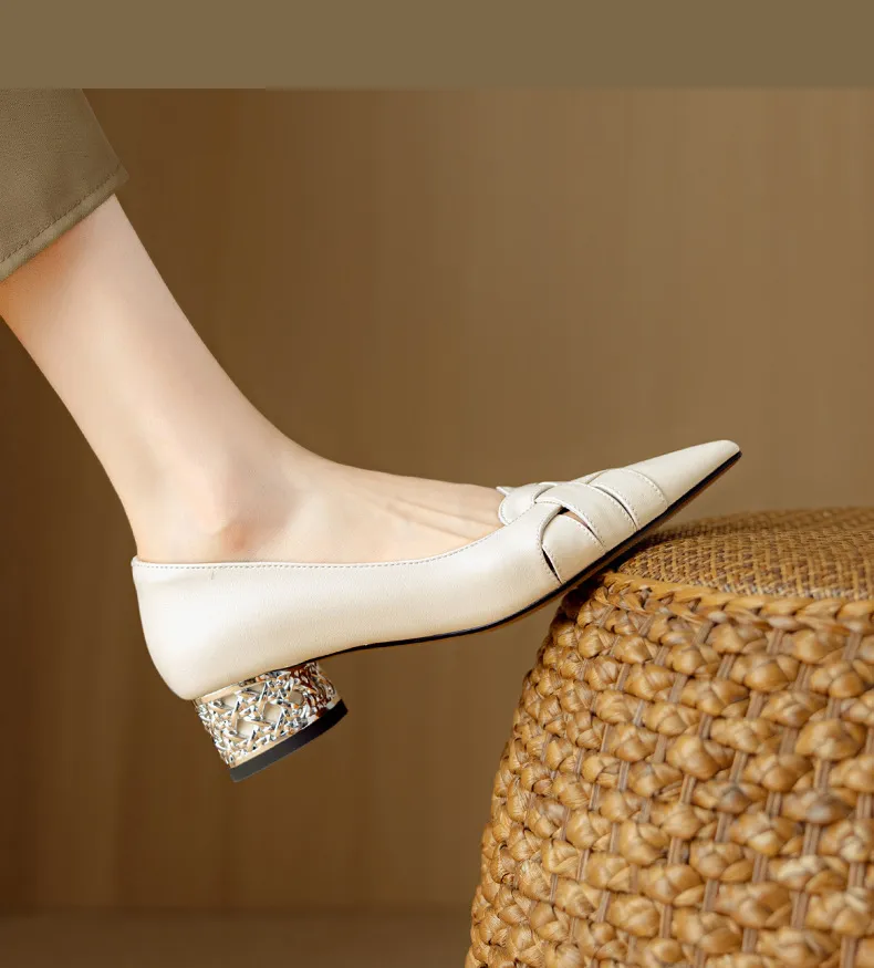 Autumn low-cut pointed toe rhinestone chunky heel French woven fashion women's shoes