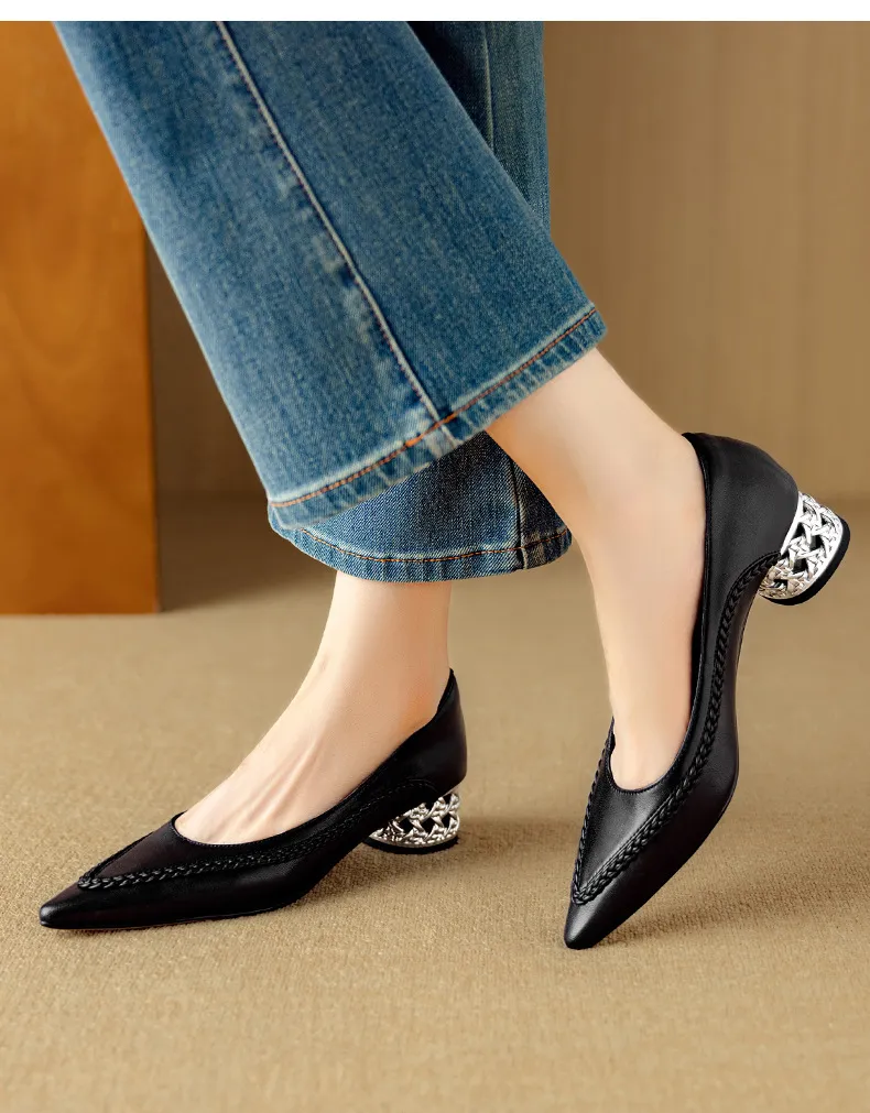 Autumn low-cut pointed toe rhinestone chunky heel French woven fashion women's shoes