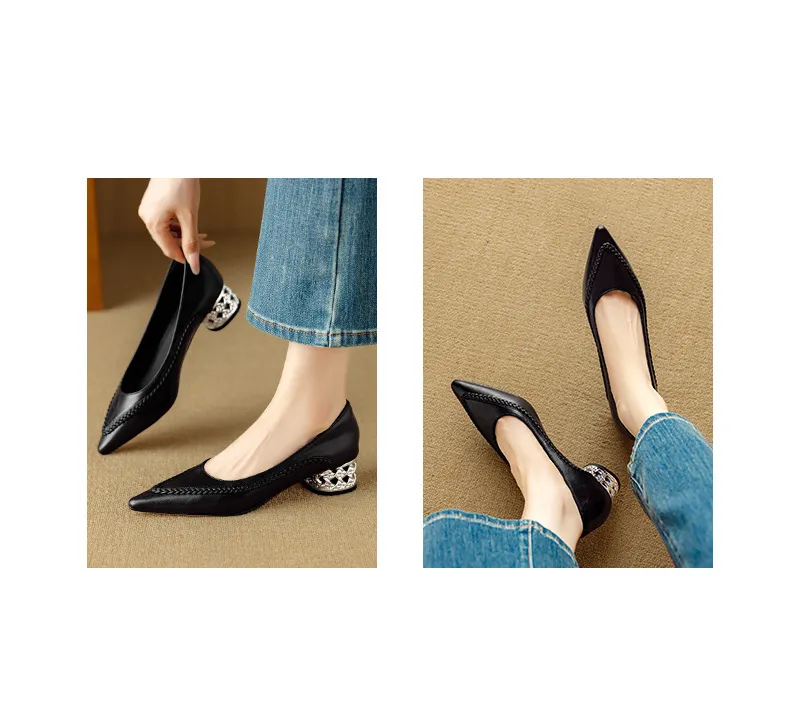 Autumn low-cut pointed toe rhinestone chunky heel French woven fashion women's shoes
