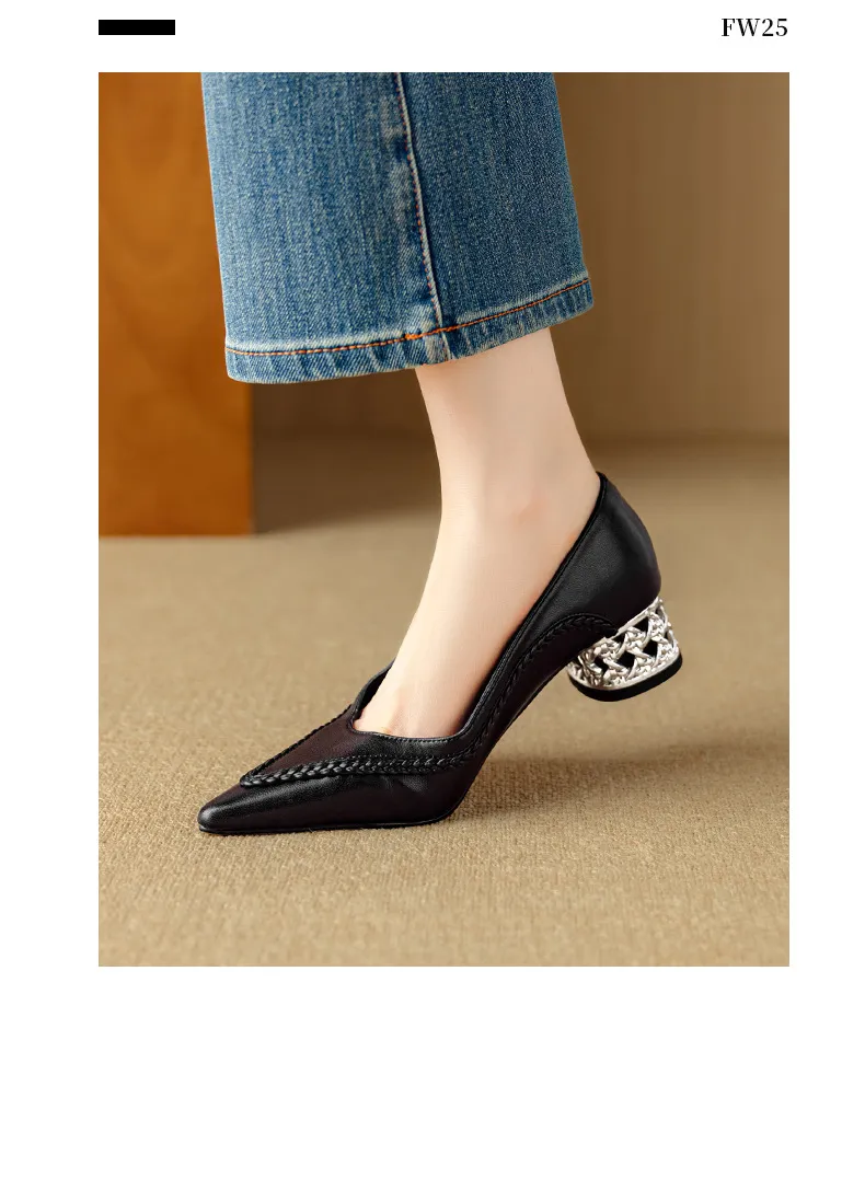 Autumn low-cut pointed toe rhinestone chunky heel French woven fashion women's shoes