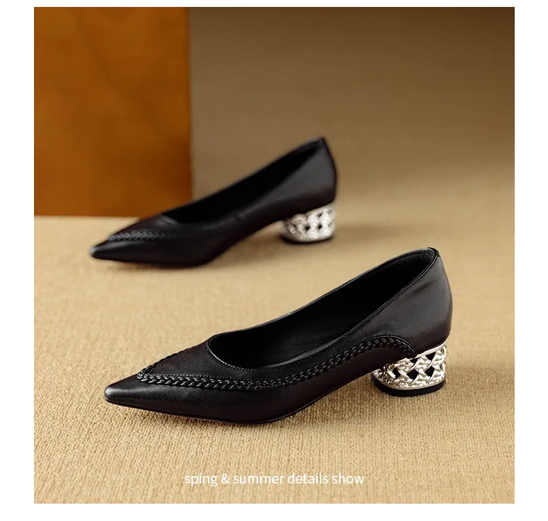 Autumn low-cut pointed toe rhinestone chunky heel French woven fashion women's shoes