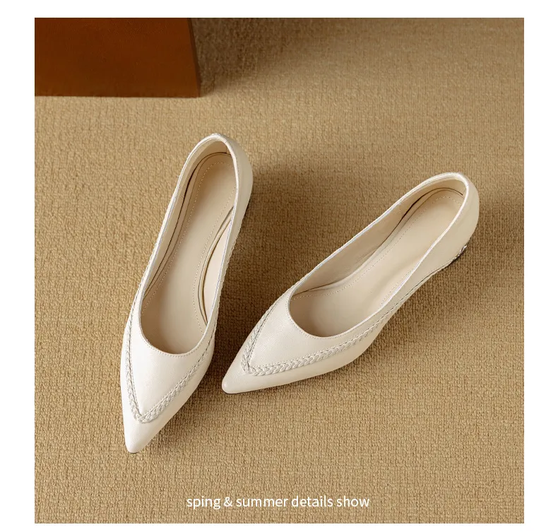 Autumn low-cut pointed toe rhinestone chunky heel French woven fashion women's shoes