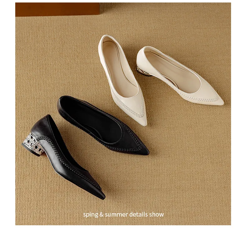 Autumn low-cut pointed toe rhinestone chunky heel French woven fashion women's shoes