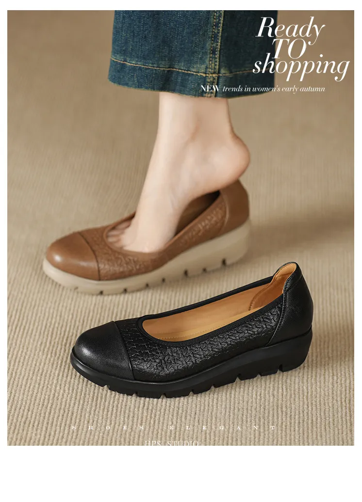 Autumn round-toe platform flats, comfortable sheepskin women's shoes, brown and black.