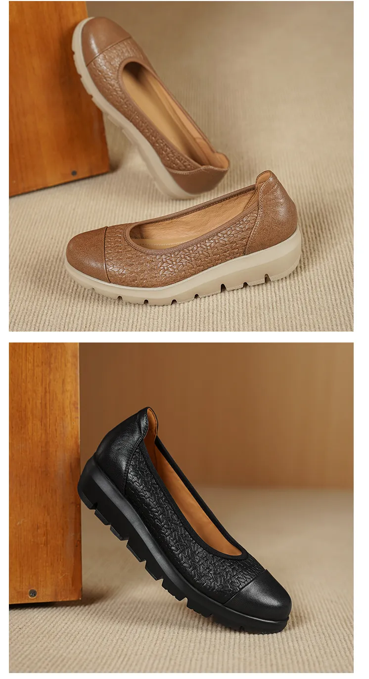 Autumn round-toe platform flats, comfortable sheepskin women's shoes, brown and black.