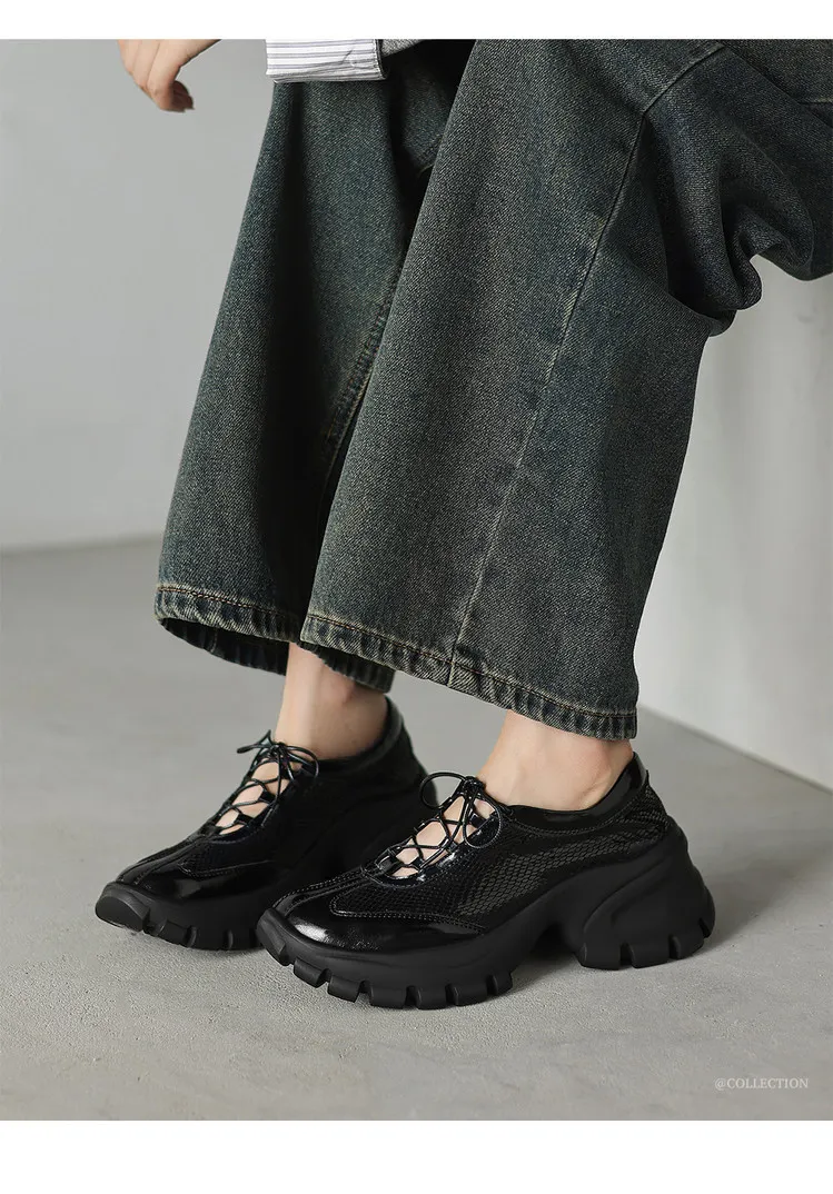 Autumn round-toe platform lace-up cowhide fashion women's shoes, black and silver 8-5L