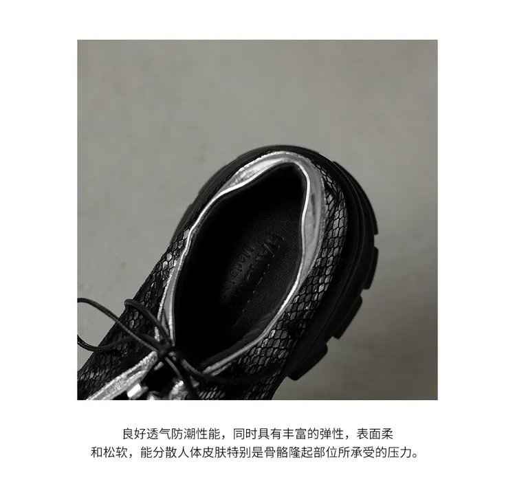 Autumn round-toe platform lace-up cowhide fashion women's shoes, black and silver 8-5L