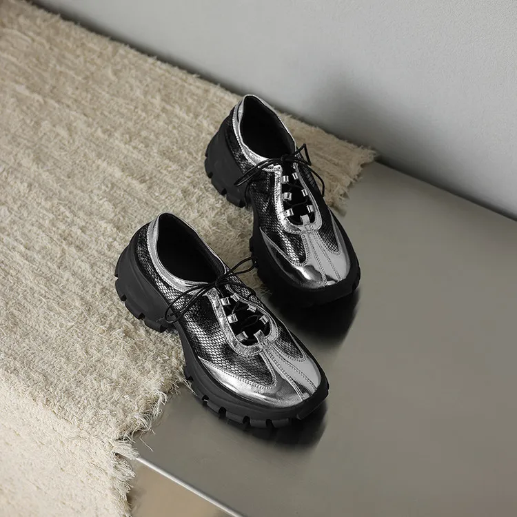 Autumn round-toe platform lace-up cowhide fashion women's shoes, black and silver 8-5L
