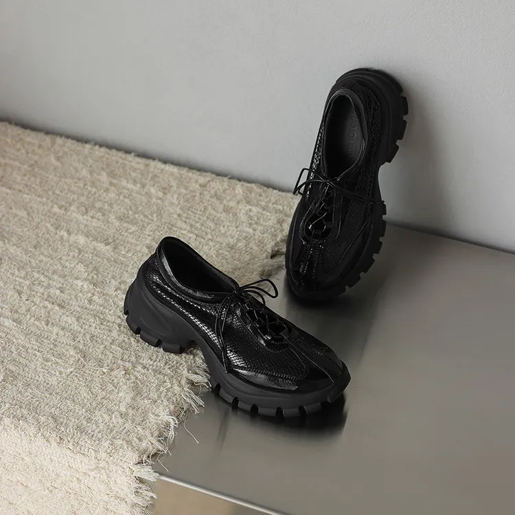 Autumn round-toe platform lace-up cowhide fashion women's shoes, black and silver 8-5L