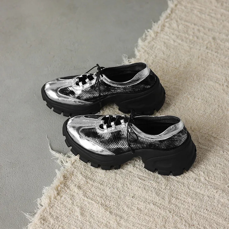 Autumn round-toe platform lace-up cowhide fashion women's shoes, black and silver 8-5L