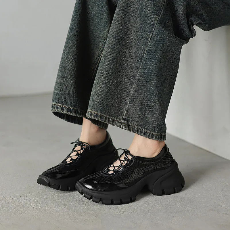 Autumn round-toe platform lace-up cowhide fashion women's shoes, black and silver 8-5L